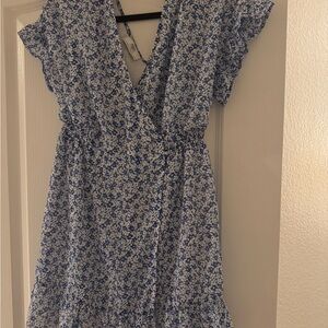 Le Temps Des Cerises Blue and White Floral Wrap Midi Dress